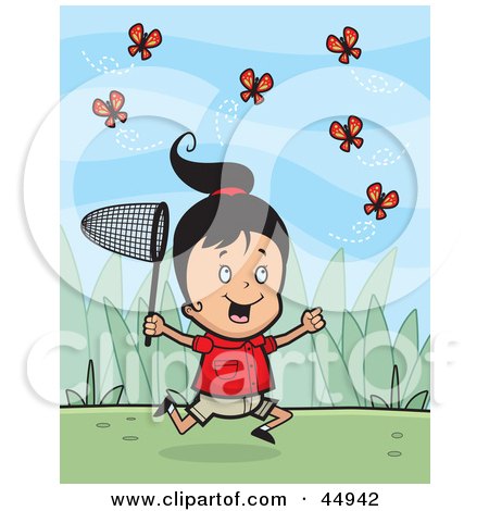 Royalty-free (RF) Clipart Illustration of an Energetic Little Girl Character Running And Catching Butterflies Outdoors by Cory Thoman