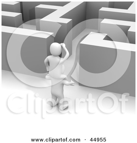 Royalty-free (RF) Clipart Illustration of a 3d Blanco Man Character On The Shoulders Of Another, Peering Into A Maze by Jiri Moucka