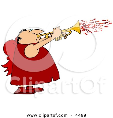 Man Wearing Valentine Cupid Costume and Blowing Love Hearts from a Trumpet Clipart by djart