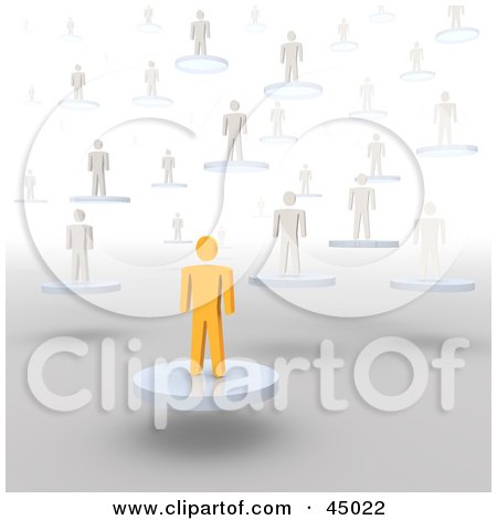 Royalty-free (RF) Clipart Illustration of a Leading Orange Guy On A Floating Platform, In Front Of White Guys by Jiri Moucka