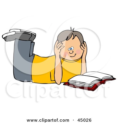 Clipart Illustration of a Boy Laying On His Belly And Reading A Book, Resting His Head In His Hands by djart