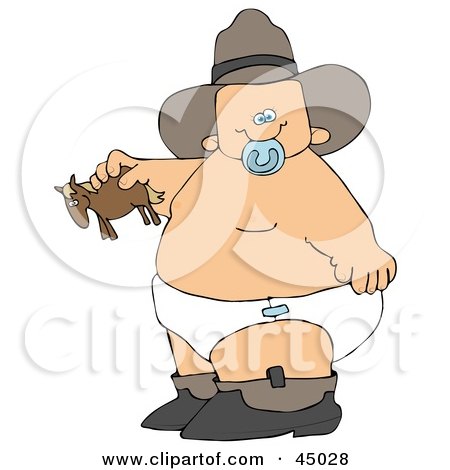 Clipart Illustration of a Chubby Cowboy Baby In Boots, A Hat And Diaper, Holding A Toy by djart