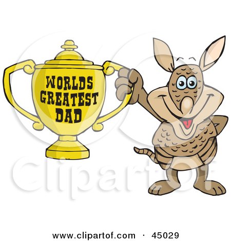 Royalty-free (RF) Clipart Illustration of an Armadillo Character Holding A Golden Worlds Greatest Dad Trophy by Dennis Holmes Designs