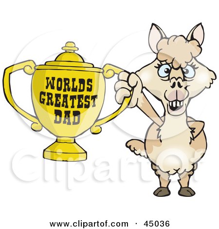 Royalty-free (RF) Clipart Illustration of an Alpaca Character Holding A Golden Worlds Greatest Dad Trophy by Dennis Holmes Designs