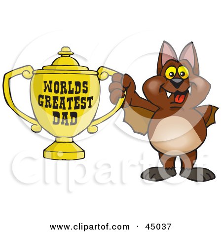 Royalty-free (RF) Clipart Illustration of a Vampire Bat Character Holding A Golden Worlds Greatest Dad Trophy by Dennis Holmes Designs