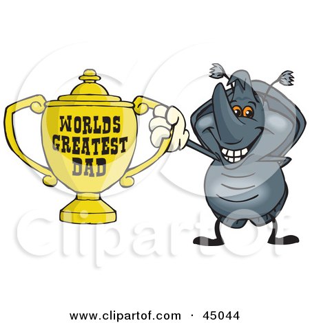 Royalty-free (RF) Clipart Illustration of a Horned Beetle Character Holding A Golden Worlds Greatest Dad Trophy by Dennis Holmes Designs