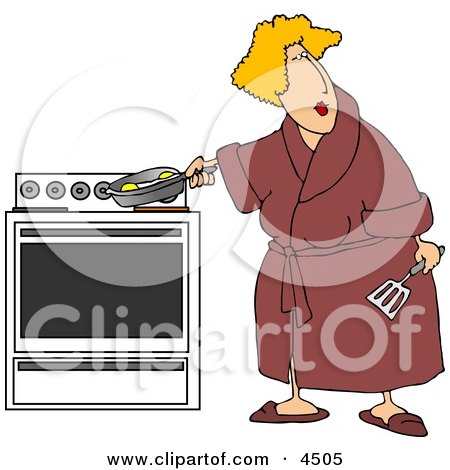 Overweight Woman Cooking Eggs In a Skillet On a Stove Clipart by djart