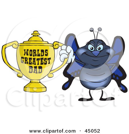 Royalty-free (RF) Clipart Illustration of a Blue Butterfly Character Holding A Golden Worlds Greatest Dad Trophy by Dennis Holmes Designs