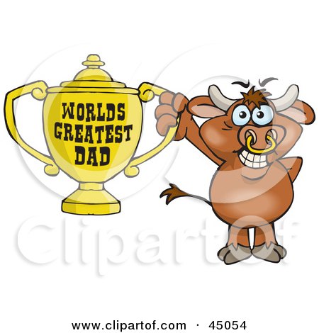 Royalty-free (RF) Clipart Illustration of a Bull Character Holding A Golden Worlds Greatest Dad Trophy by Dennis Holmes Designs