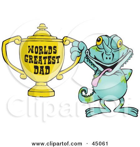 Royalty-free (RF) Clipart Illustration of a Chameleon Character Holding A Golden Worlds Greatest Dad Trophy by Dennis Holmes Designs