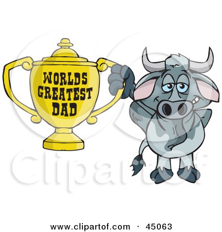 Royalty-free (RF) Clipart Illustration of a Steer Character Holding A Golden Worlds Greatest Dad Trophy by Dennis Holmes Designs