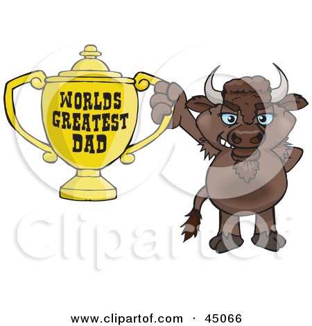 Royalty-free (RF) Clipart Illustration of a Bison Character Holding A Golden Worlds Greatest Dad Trophy by Dennis Holmes Designs