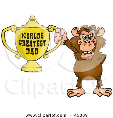 Royalty-free (RF) Clipart Illustration of a Chimp Character Holding A Golden Worlds Greatest Dad Trophy by Dennis Holmes Designs