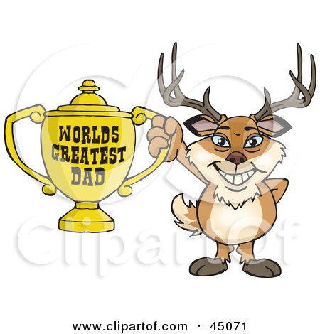 Royalty-free (RF) Clipart Illustration of a Buck Character Holding A Golden Worlds Greatest Dad Trophy by Dennis Holmes Designs