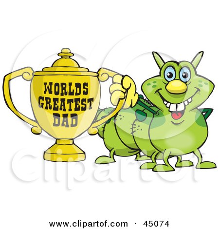 Royalty-free (RF) Clipart Illustration of a Green Caterpillar Character Holding A Golden Worlds Greatest Dad Trophy by Dennis Holmes Designs