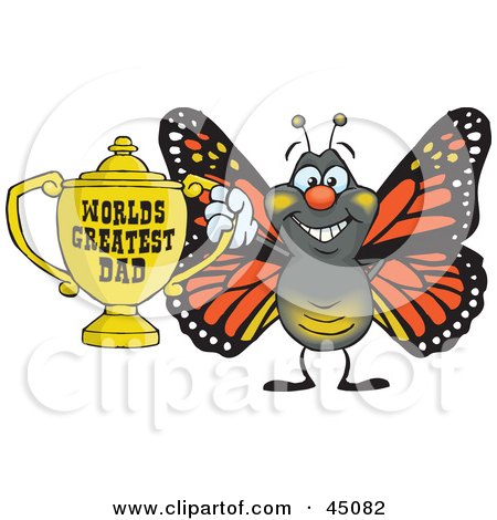 Royalty-free (RF) Clipart Illustration of a Monarch Butterfly Character Holding A Golden Worlds Greatest Dad Trophy by Dennis Holmes Designs
