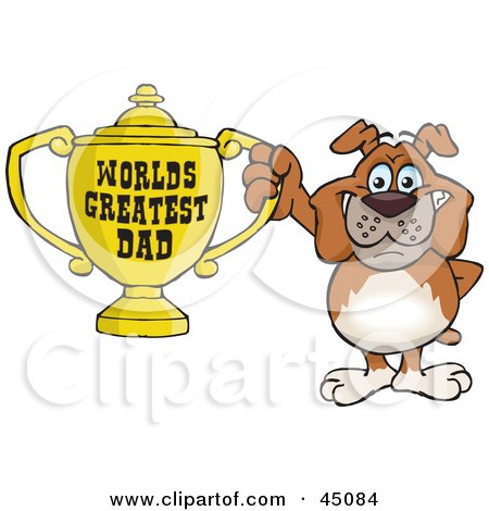 Royalty-free (RF) Clipart Illustration of a Bulldog Character Holding A Golden Worlds Greatest Dad Trophy by Dennis Holmes Designs
