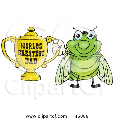 Royalty-free (RF) Clipart Illustration of a Cicada Character Holding A Golden Worlds Greatest Dad Trophy by Dennis Holmes Designs