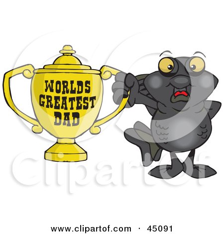 Royalty-free (RF) Clipart Illustration of a Black Moor Fish Character Holding A Golden Worlds Greatest Dad Trophy by Dennis Holmes Designs