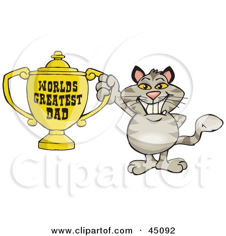 Royalty-free (RF) Clipart Illustration of a Brown Cat Character Holding A Golden Worlds Greatest Dad Trophy by Dennis Holmes Designs
