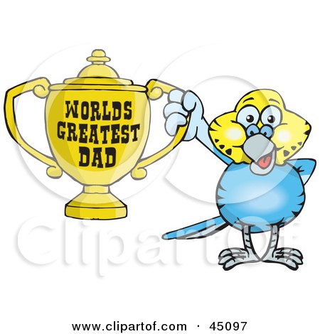 Royalty-free (RF) Clipart Illustration of a Budgie Bird Character Holding A Golden Worlds Greatest Dad Trophy by Dennis Holmes Designs