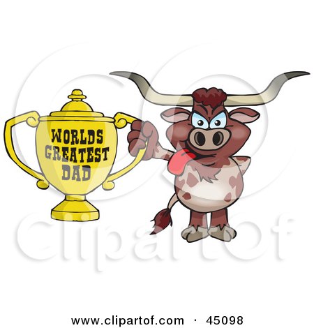 Royalty-free (RF) Clipart Illustration of a Longhorn Character Holding A Golden Worlds Greatest Dad Trophy by Dennis Holmes Designs