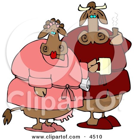 Cow Couple Wearing Robes in the Morning Clipart by djart