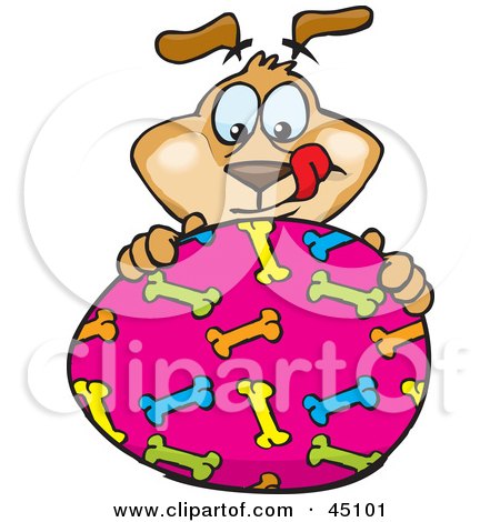Royalty-free (RF) Clipart Illustration of a Dog Character Eyeing A Pink Easter Egg With A Bone Pattern by Dennis Holmes Designs