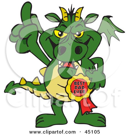 Royalty-free (RF) Clipart Illustration of a Dragon Character Wearing A Best Dad Ever Ribbon by Dennis Holmes Designs