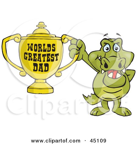 Royalty-free (RF) Clipart Illustration of a Crocodile Character Holding A Golden Worlds Greatest Dad Trophy by Dennis Holmes Designs