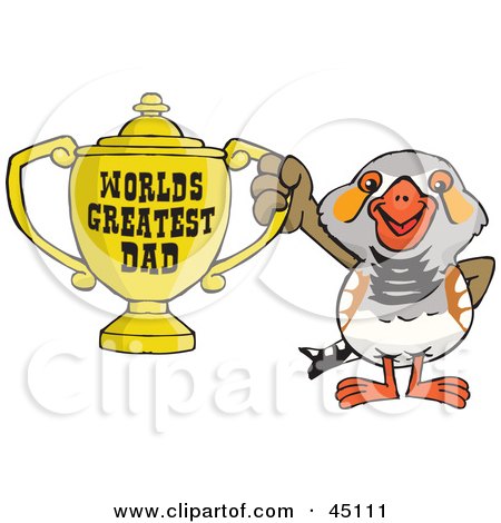 Royalty-free (RF) Clipart Illustration of a Zebra Finch Bird Character Holding A Golden Worlds Greatest Dad Trophy by Dennis Holmes Designs