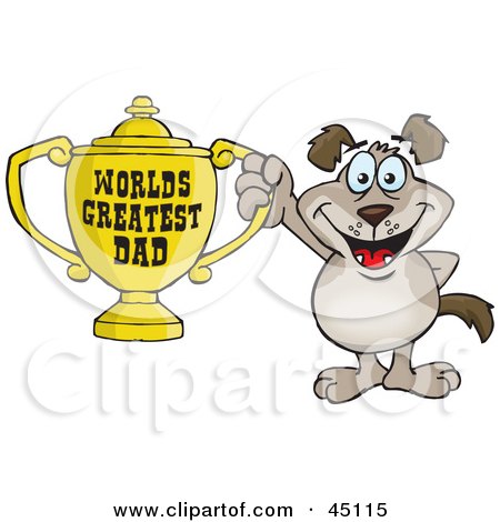 Royalty-free (RF) Clipart Illustration of a Mutt Dog Character Holding A Golden Worlds Greatest Dad Trophy by Dennis Holmes Designs