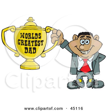 Royalty-free (RF) Clipart Illustration of a Hispanic Man Character Holding A Golden Worlds Greatest Dad Trophy by Dennis Holmes Designs