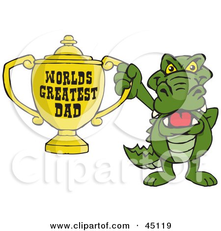 Royalty-free (RF) Clipart Illustration of a Gator Character Holding A Golden Worlds Greatest Dad Trophy by Dennis Holmes Designs