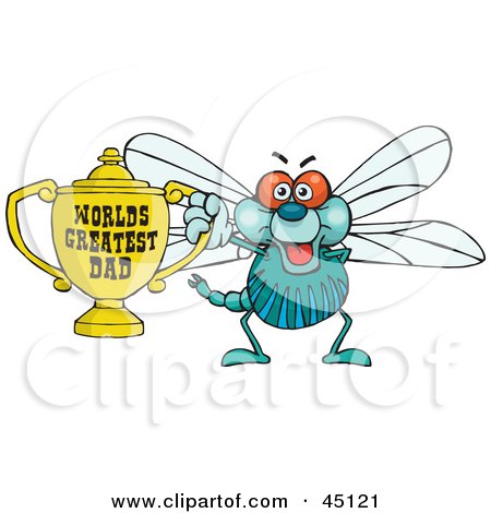 Royalty-free (RF) Clipart Illustration of a Dragonfly Character Holding A Golden Worlds Greatest Dad Trophy by Dennis Holmes Designs