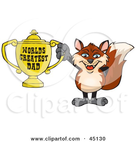 Royalty-free (RF) Clipart Illustration of a Fox Character Holding A Golden Worlds Greatest Dad Trophy by Dennis Holmes Designs