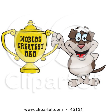 Royalty-free (RF) Clipart Illustration of a Spotted Dog Character Holding A Golden Worlds Greatest Dad Trophy by Dennis Holmes Designs
