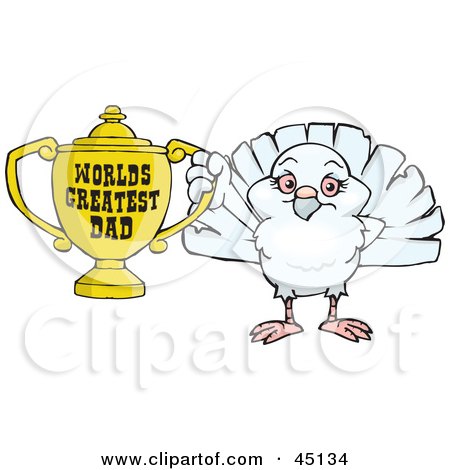 Royalty-free (RF) Clipart Illustration of a Dove Bird Character Holding A Golden Worlds Greatest Dad Trophy by Dennis Holmes Designs