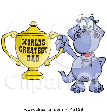 Royalty-free (RF) Clipart Illustration of a Purple Brontosaurus Dino Character Holding A Golden Worlds Greatest Dad Trophy by Dennis Holmes Designs