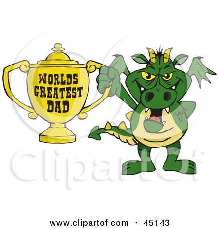 Royalty-free (RF) Clipart Illustration of a Dragon Character Holding A Golden Worlds Greatest Dad Trophy by Dennis Holmes Designs