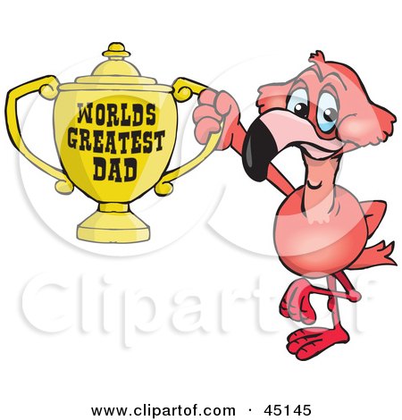 Royalty-free (RF) Clipart Illustration of a Pink Flamingo Bird Character Holding A Golden Worlds Greatest Dad Trophy by Dennis Holmes Designs