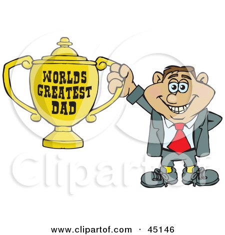 Royalty-free (RF) Clipart Illustration of a Friendly Man Character Holding A Golden Worlds Greatest Dad Trophy by Dennis Holmes Designs