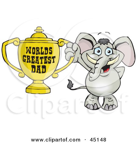 Royalty-free (RF) Clipart Illustration of an Elephant Character Holding A Golden Worlds Greatest Dad Trophy by Dennis Holmes Designs