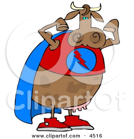 Strong Superhero Cow Wearing a Cape and Flexing Arm Muscles Clipart by djart