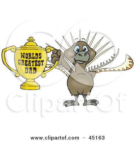 Royalty-free (RF) Clipart Illustration of a Lyrebird Character Holding A Golden Worlds Greatest Dad Trophy by Dennis Holmes Designs