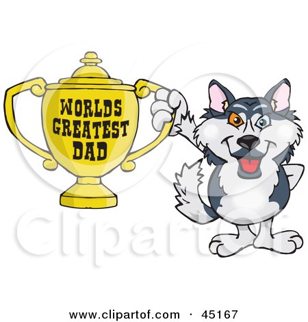 Royalty-free (RF) Clipart Illustration of a Husky Dog Character Holding A Golden Worlds Greatest Dad Trophy by Dennis Holmes Designs