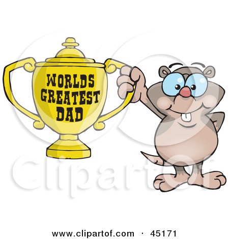 Royalty-free (RF) Clipart Illustration of a Mole Character Holding A Golden Worlds Greatest Dad Trophy by Dennis Holmes Designs