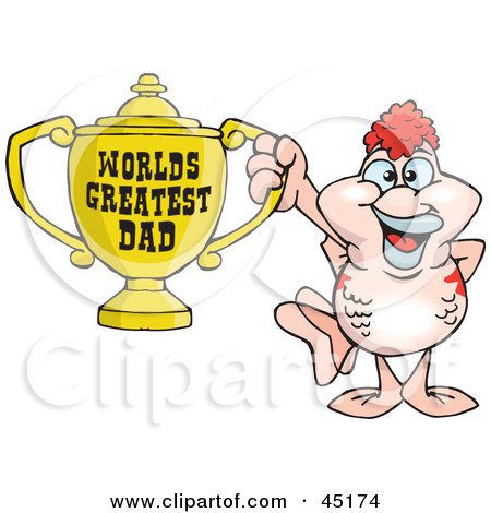 Royalty-free (RF) Clipart Illustration of a Pink Goldfish Character Holding A Golden Worlds Greatest Dad Trophy by Dennis Holmes Designs