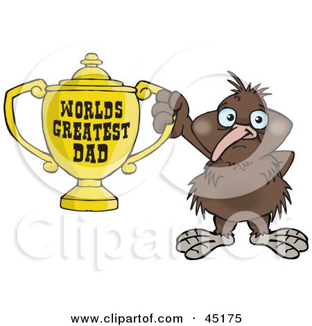 Royalty-free (RF) Clipart Illustration of a Kiwi Bird Character Holding A Golden Worlds Greatest Dad Trophy by Dennis Holmes Designs