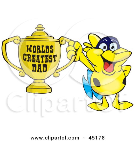 Royalty-free (RF) Clipart Illustration of a Yellow Marine Fish Character Holding A Golden Worlds Greatest Dad Trophy by Dennis Holmes Designs